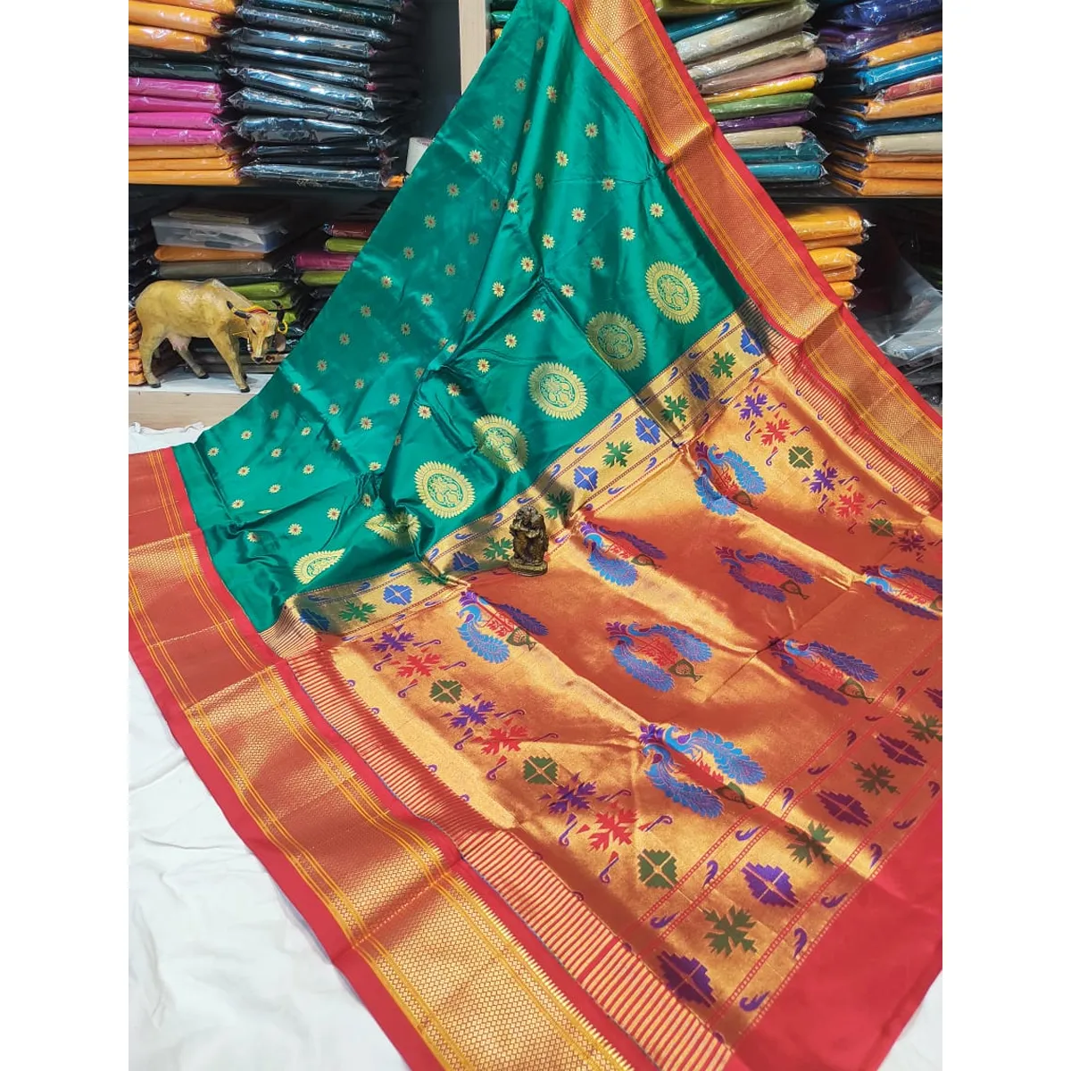 Spewim Women Semi Silk Full Zari Work Semi Paithani Saree 6Yards With  Contrast Blouse Piece(F62